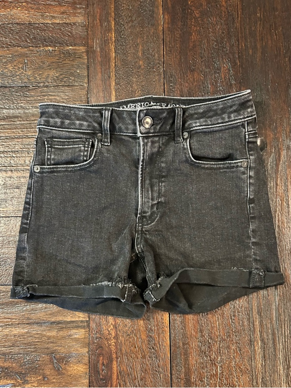 American Eagle Outfitters Washed Black Denim Super Hi Rise Shortie Shorts - Picture 1 of 7